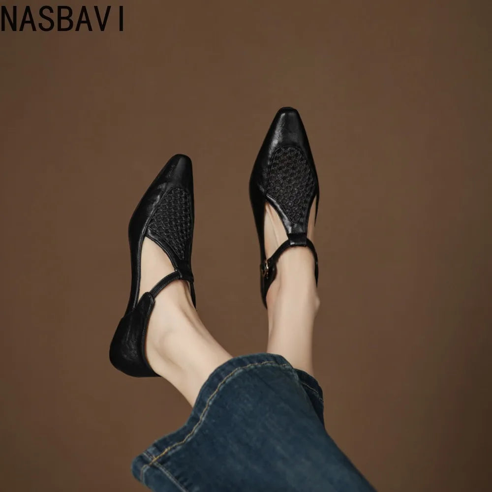 New Design Women T-Strap Sandals Square Toe Flats Buckle Breathable Mesh Casual Soft Leather Daily OL Shoes Plus Size 41 42 43