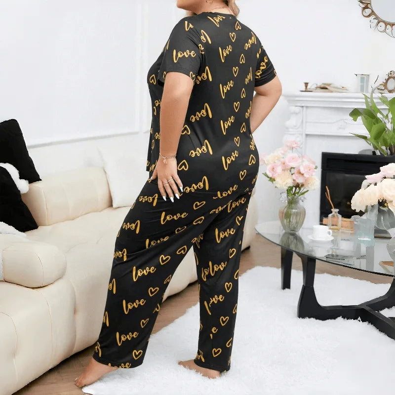 Plus Size 3XL 4XL 5XL Sleepwear Women's Heart Letters Print Pajamas Set Casual Short-Sleeve Top and Pants Loungewear