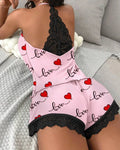 Women's Casual Pajamas Set Summer Sleepwear 2 Pieces Sleeveless V-Neck Heart Print Cami Tops and Shorts Set Loungewear