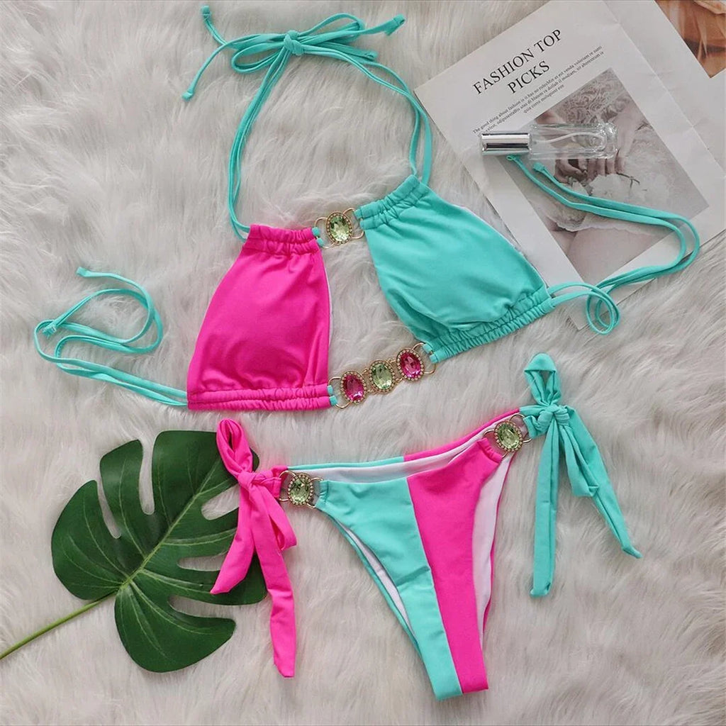 8 Colors Diamond Rhinestones Splicing Bikini Women Swimwear Female Swimsuit Two-Pieces Bikini Set Bather Bathing Suit Swim V5132