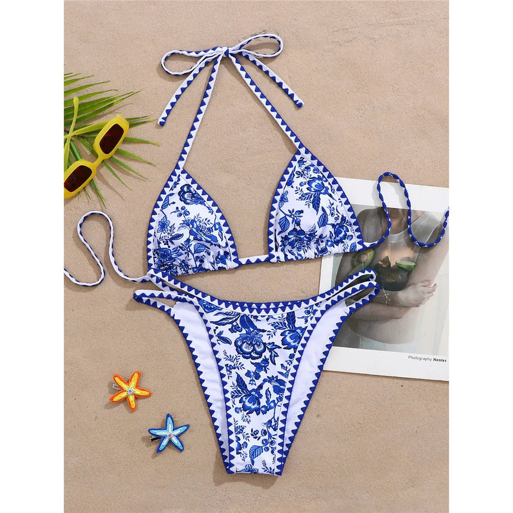 Sexy Flower Printed Halter Bikini Women Swimwear Female Swimsuit Two-Pieces Bikini Set Brazilian Bather Bathing Suit Swim V8203