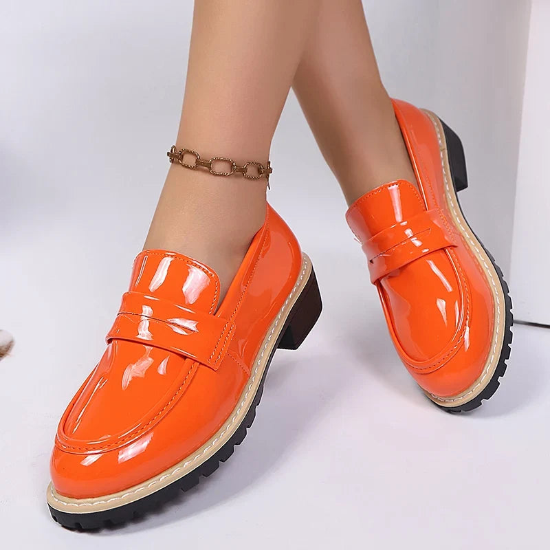 Patent Leather Thick Heels Loafers Women Spring New Mixed Color Med Heel Office Pumps Woman Plus Size 43 Slip On Single Shoes