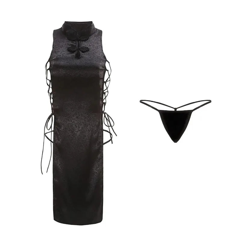 Women Sexy Chinese Traditional Cheongsam Qipao Dress Lingerie High Split Bandage Mini Uniform Dresses Costumes