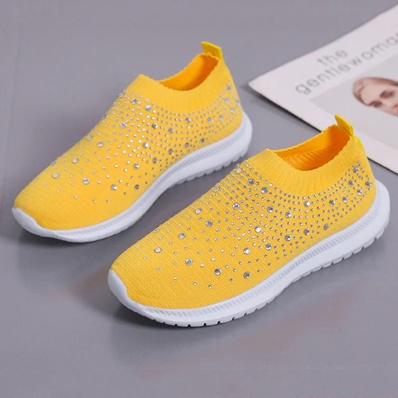 Women's Slip-On Crystal Sneakers 2025 Breathable Mesh Plus Size 35-43 Casual Flats Women Comfort Soft Sole Running Walking Shoes