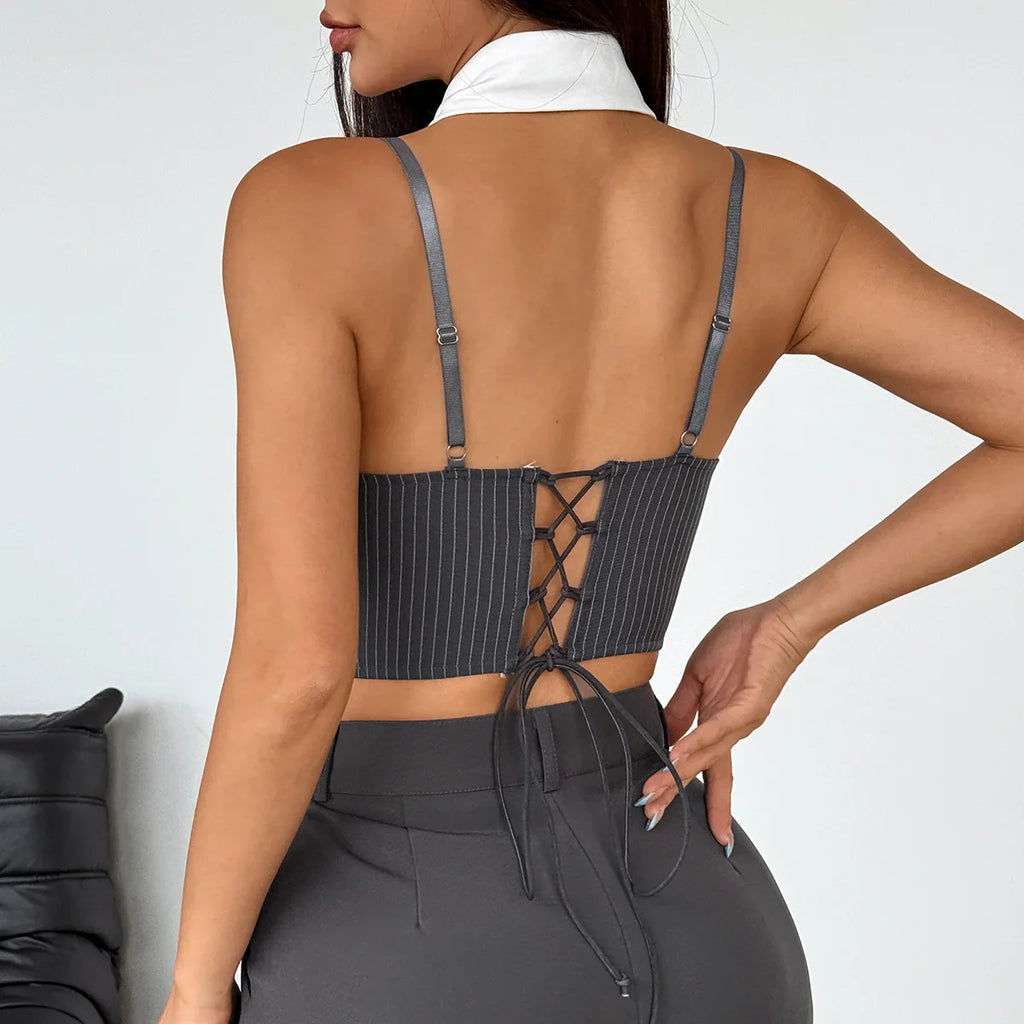 Phantasy Y2K Camisole Sexy Tight Uniform Nightclub Spice Tie Wrap Chest Fish Bone Camisole Fashion Slim Skinny Vintage Vest 2025