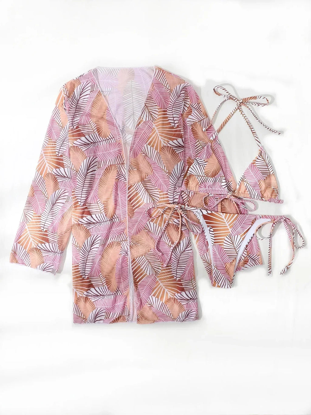 With Cover Up Leaves Printed Bikini Women Swimwear Female Swimsuit Three-pieces Bikini Set Bather Bathing Suit Swim Beachwear