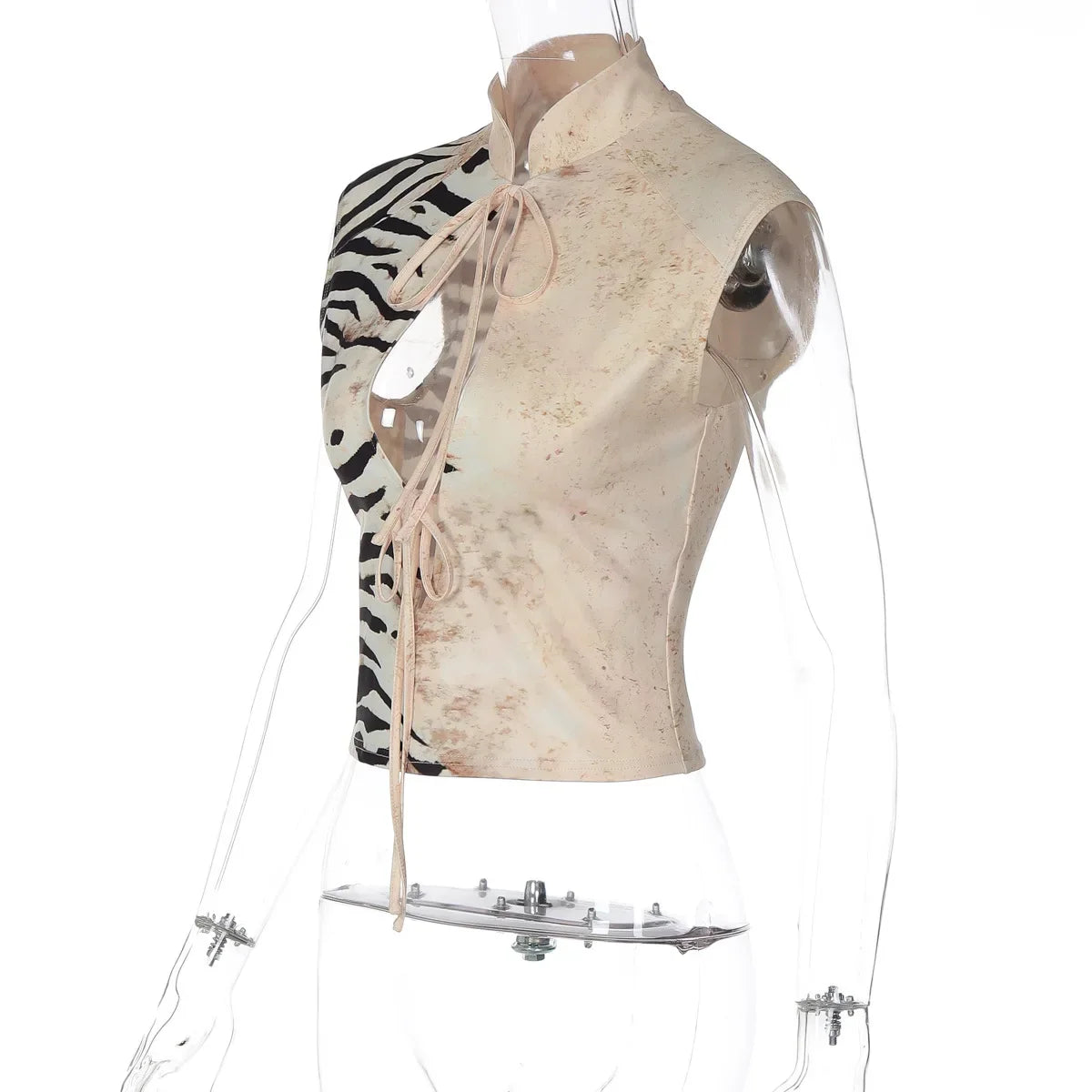 FDYOUI Sexy Zebra-stripe Print Tank Tops Women's Corset 2026 Summer Stand Collar Lace-up Sleeveless T-shirt Hollow Out Crop Top