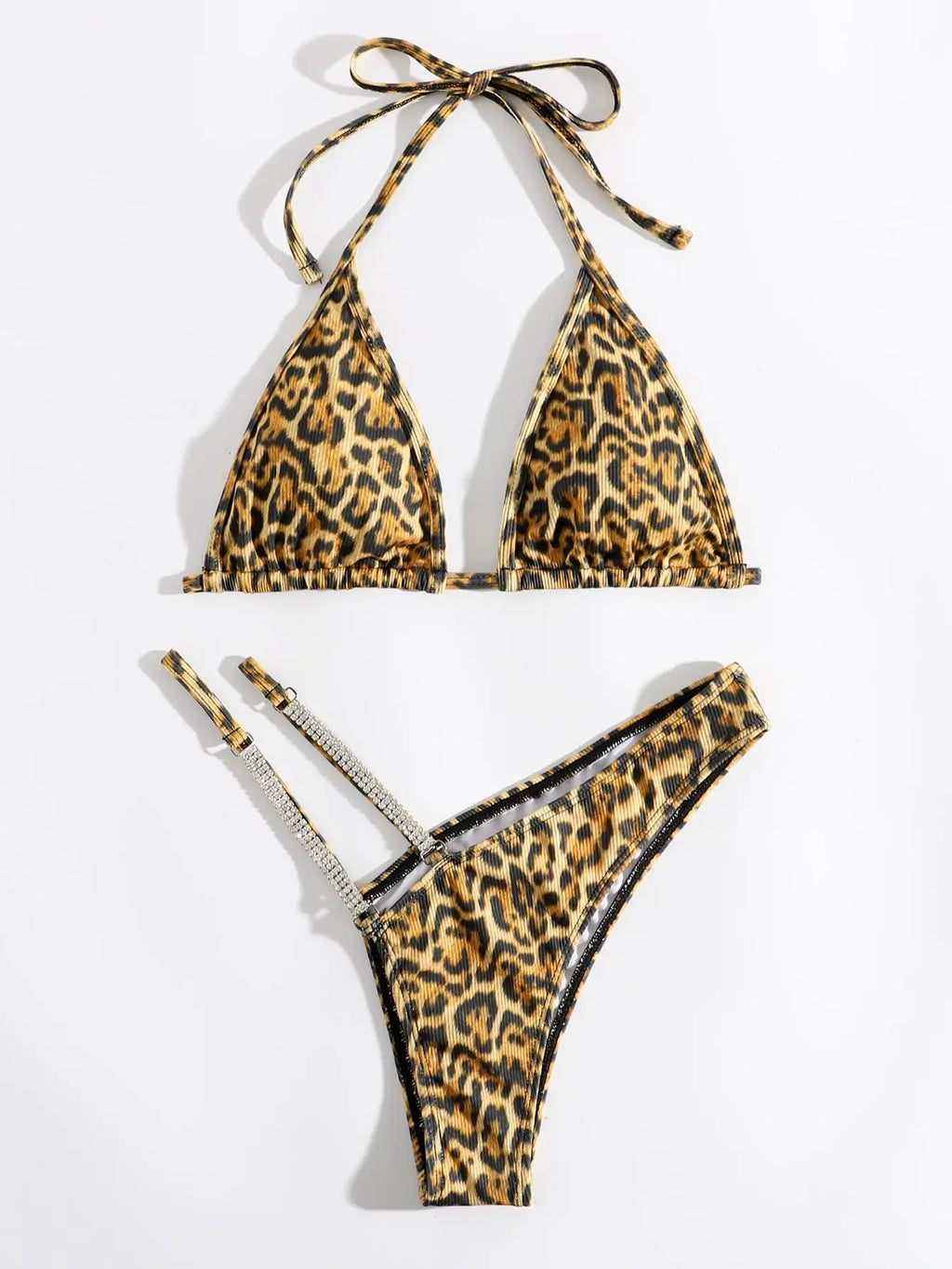 Leopard Halter Thong Bikinis 2026 Women Sexy Triangle Swimsuit Diamond Swimwear Female Jewelry Bathing Swimming Suit Beachwear