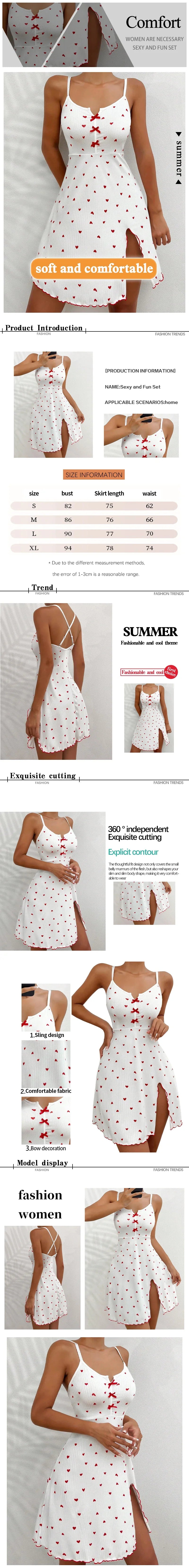 Summer Nightgown Women's Sleepwear Sexy V-Neck Heart Print Slit Front Dress Homewear Comfort Pajama Night Dress Nighties