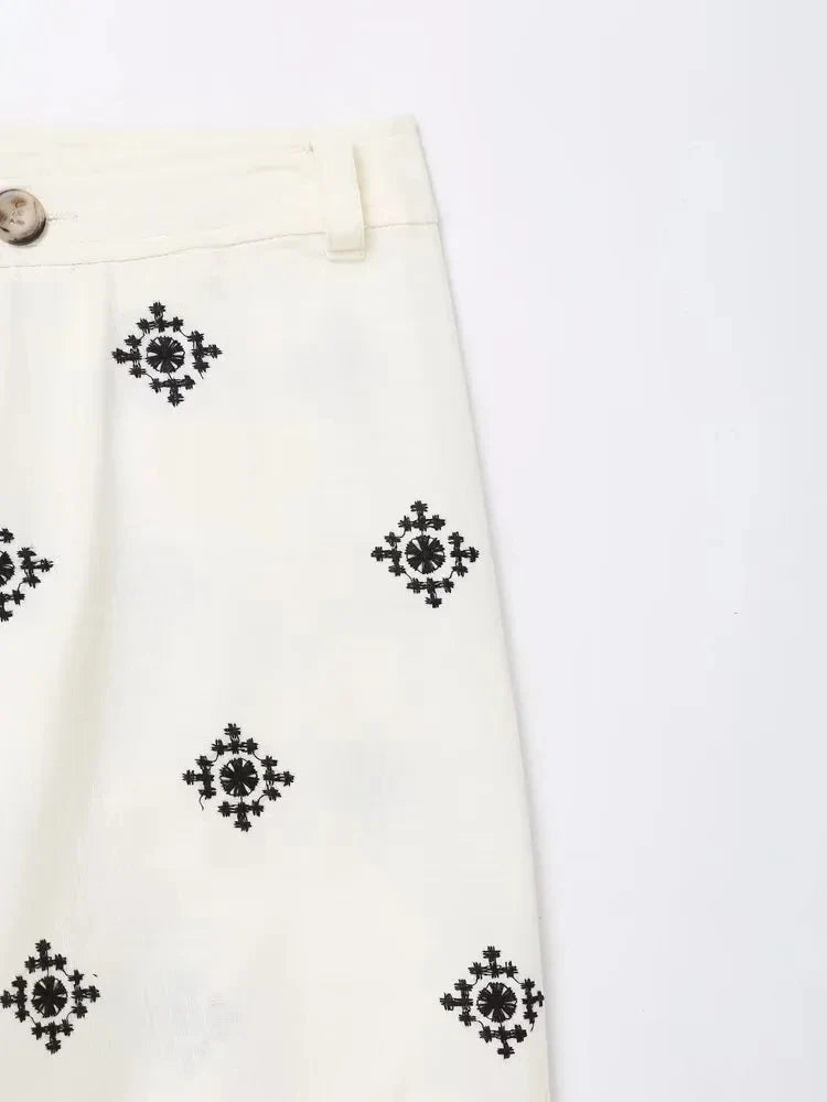 Foridol Geometric Embroidery Wide Leg Spring Summer Women Beige Long Pants Zip Fashion Trousers Pantalones De Mujer Autumn Pants