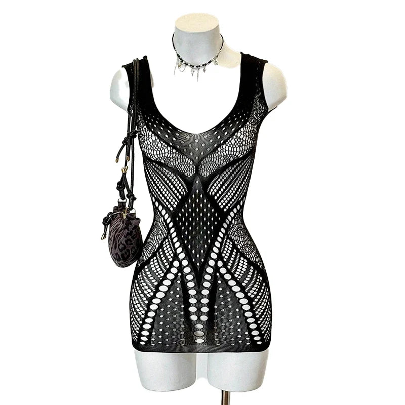 Women Sexy Fishnet  Cover Up, Sheer Bodycon Sleepwear See Through Beachwear Without Bikini
