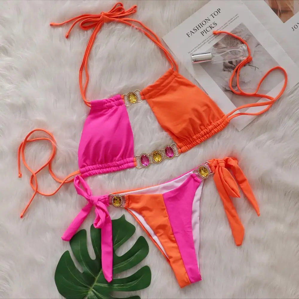 2026 Splicing Halter Diamond Bikini Women Swimsuit Female Swimwear Two Pieces Bikini Set Hollow Out Bathing Suit Swim Beach Wear