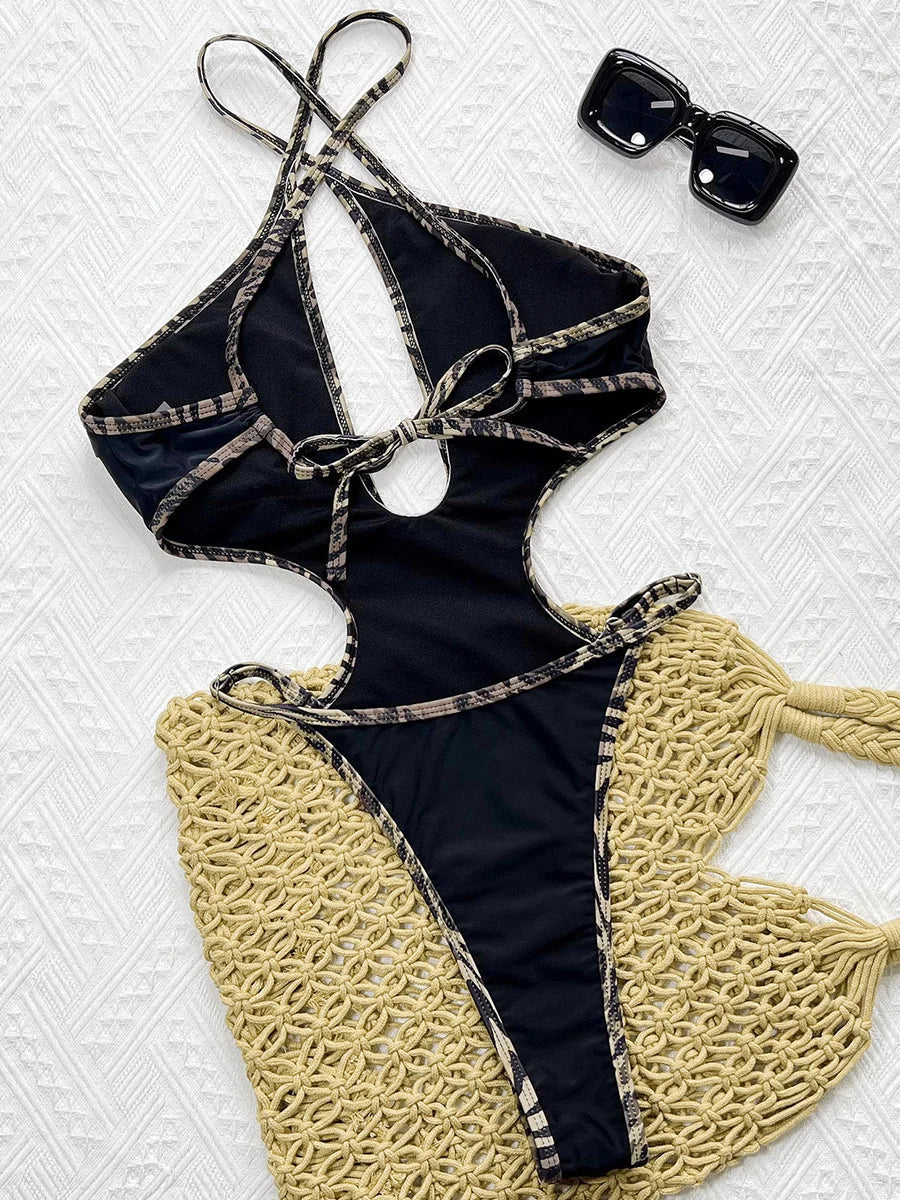 Sexy Hollow Out Cross Backless One Piece Swimsuit Women Thong Swimwear Female Monokini High Leg Cut Bathing Suit Swim Beachwear