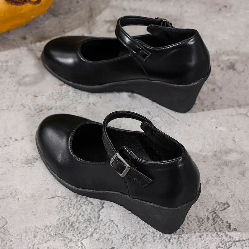 2026 New Ankle Buckle Wedges Heel Pumps Women Black Pu Leather High Heels Mary Jane Shoes Woman Plus Size 42 Office Pumps Ladies