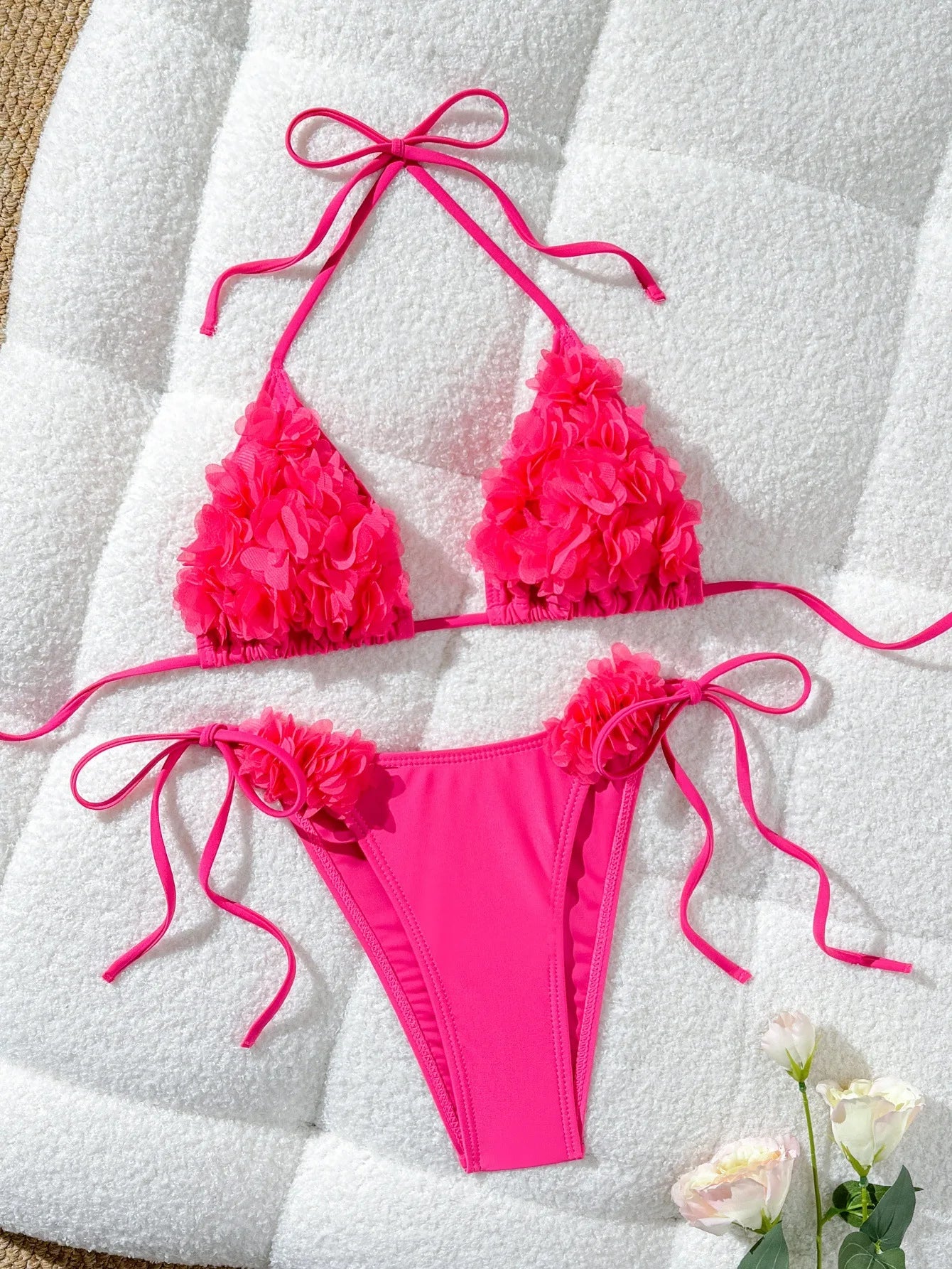 Women's Erotic Naughty Lingerie Sets Halter Neck 3D Mesh Flower Bra and Tie Up Thong