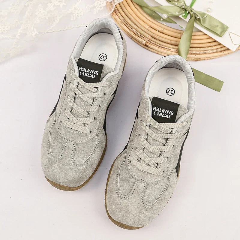 Fashion Gray Suede Flats Sneakers Women Non Slip Lace Up Platform Sneakers Woman Comfortable Thick Sole Sports Running Shoes