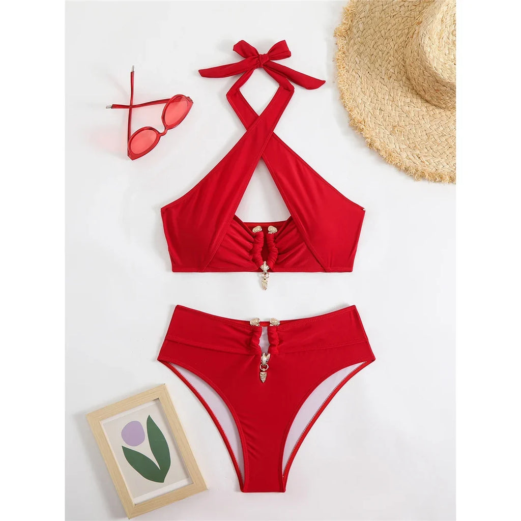 2026 Halter Cut Out High Waist Bikini Female Swimsuit Women Swimwear Two-pieces Bikini set Padded Bather Bathing Suit Swim V6256