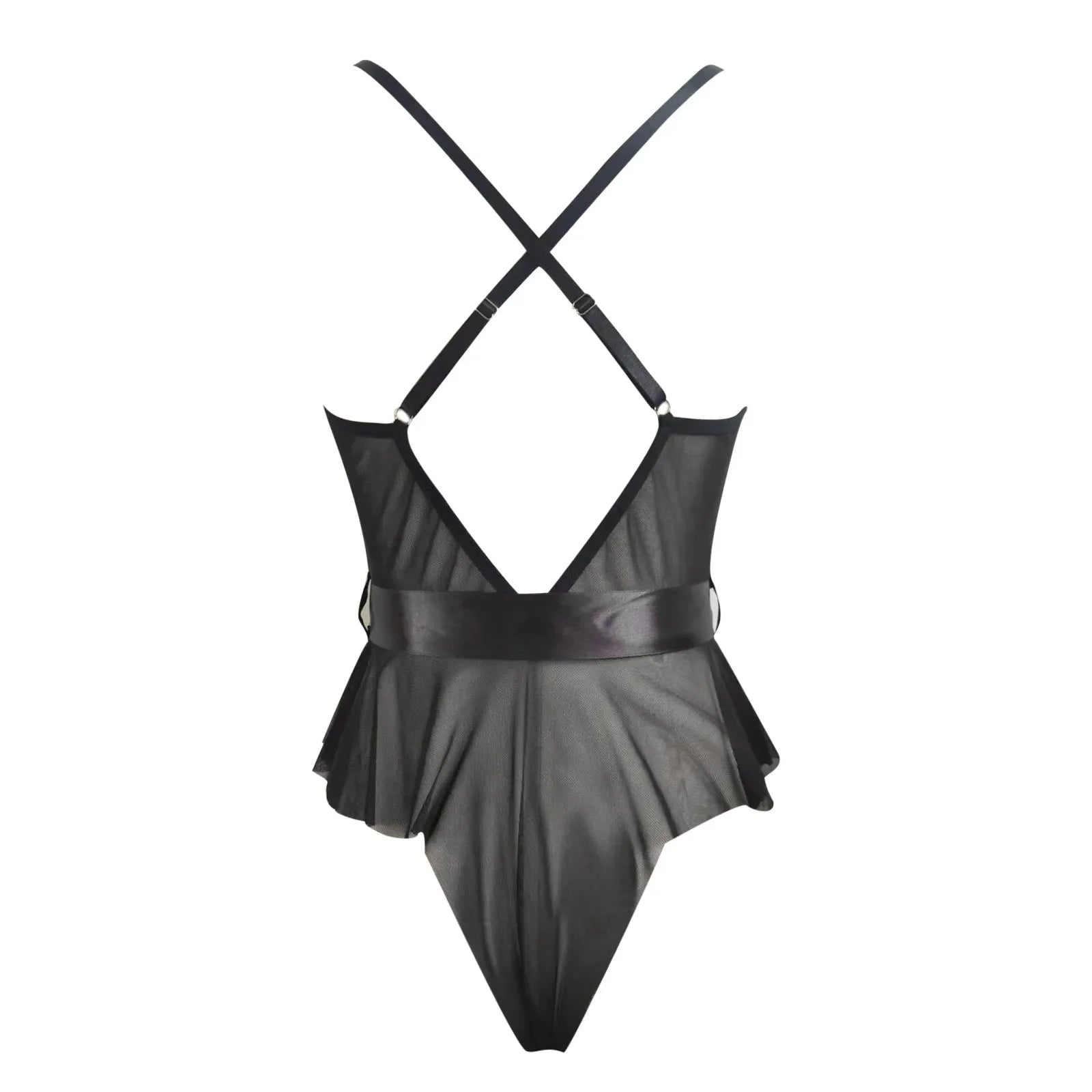 Sexy See Through Lingerie Woman Lace Transparent Underwear Bodysuits Deep V Neck Ruffle Hem Satin Bow Sheer Mesh Teddy Body Suit