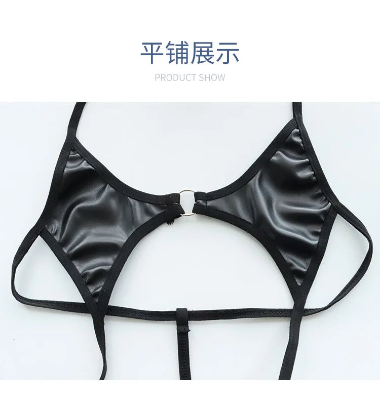 Sexy Jumpsuit patent leather bikini Straps Bandage Bodysuit Beach Girl One-piece Bikini Costume Women Pajamas Lingerie Uniform