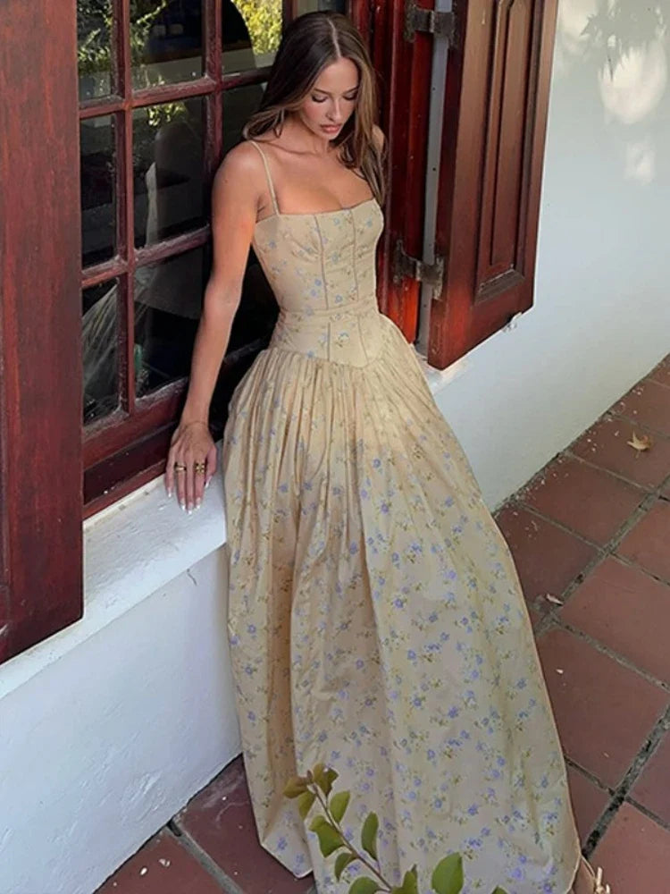 FDYOUI 2026 Summer Spaghetti Strap A-line Floral Vacation Dress for Women Elegant High Waist Tunics Long Party Evening Dresses