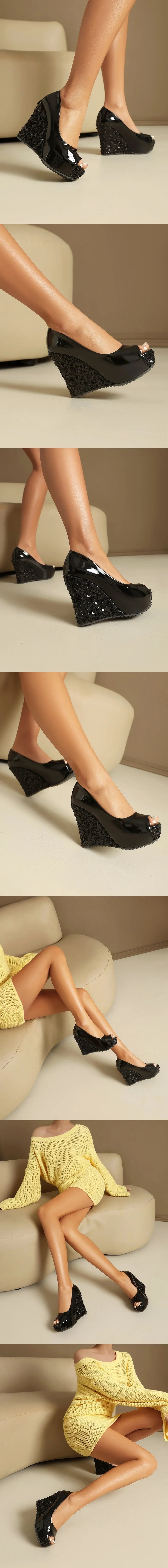 Plus Size Elegant Sequined White Chunky Platform Pumps Women's Black Pink Peep Toe Wedges High Heels Shoes for Party Wedding