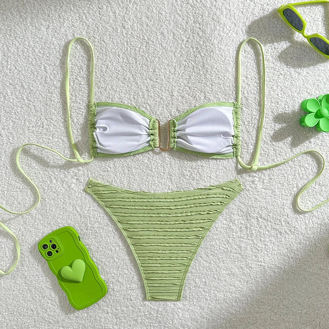 U Neck Wrinkled Crinkled Bikini Women Swimwear Female Swimsuit Two-Pieces Bikini Set High Cut Bather Bathing Suit Swim V5708B