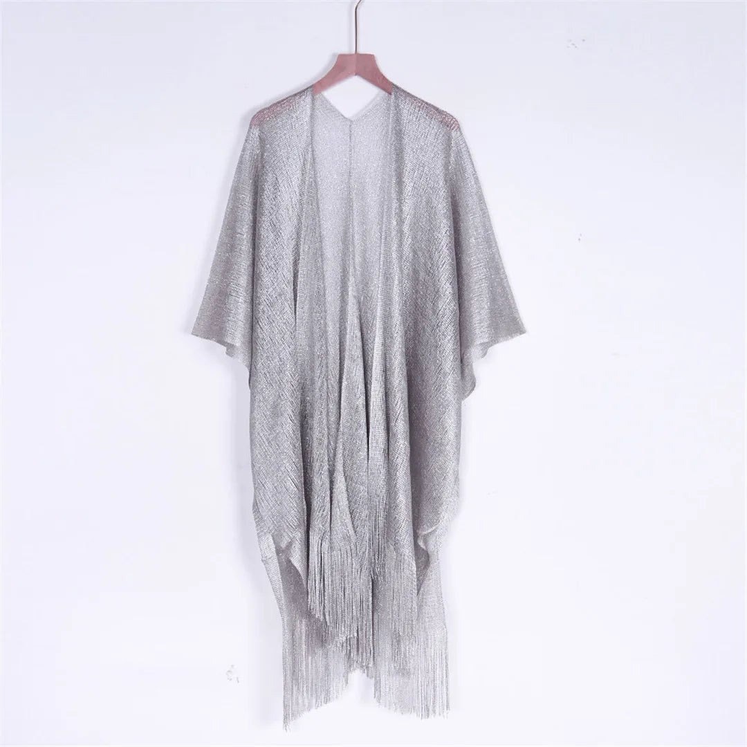 Sexy Fringe Tassel Mesh Sheer Shiny Knitted Tunic Beach Cover Up Cover-ups Beach Dress Beach Wear Beachwear Female Women V3321