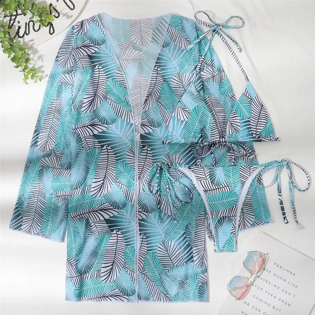 With Cover Up Leaves Printed Bikini Women Swimwear Female Swimsuit Three-pieces Bikini Set Bather Bathing Suit Swim Beachwear