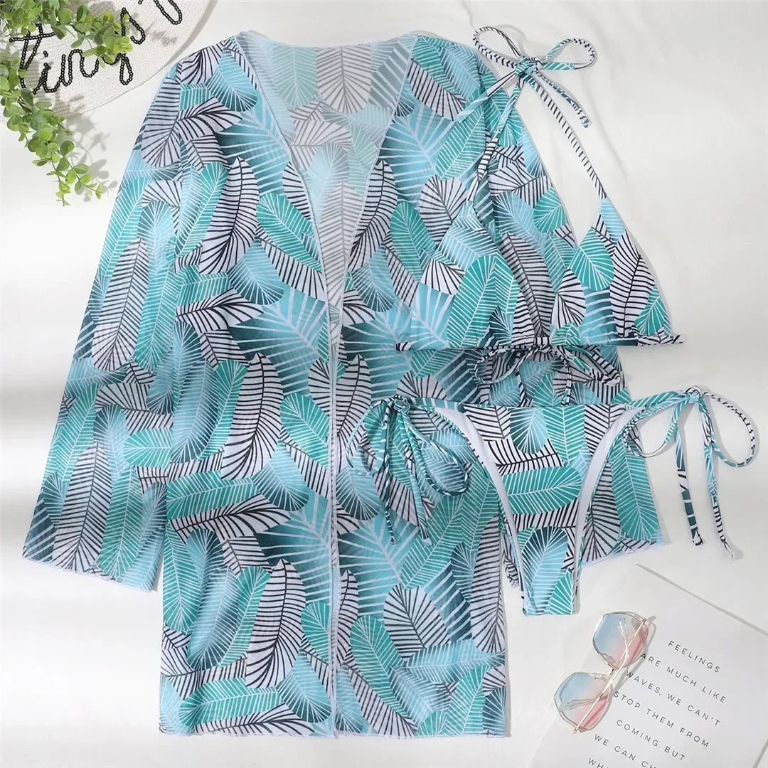 With Cover Up Leaves Printed Bikini Women Swimwear Female Swimsuit Three-pieces Bikini Set Bather Bathing Suit Swim Beachwear