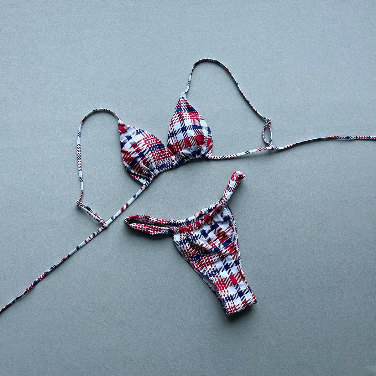 2026 New Summer Women's Plaid Print Swimsuit Strappy Bathing Suit Sexy Lace-up Backless Swimwear Push Up Thong Biquini Beachwear