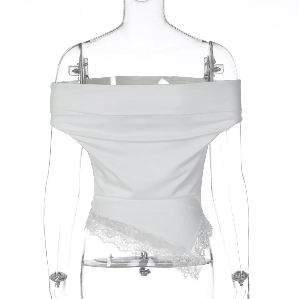 FDYOUI Woman Clothing Slash Neck T-shirts 2026 Summer Sleeveless Lace Patchwork White T Shirt Y2K Girls Irregular Corset Tee Top