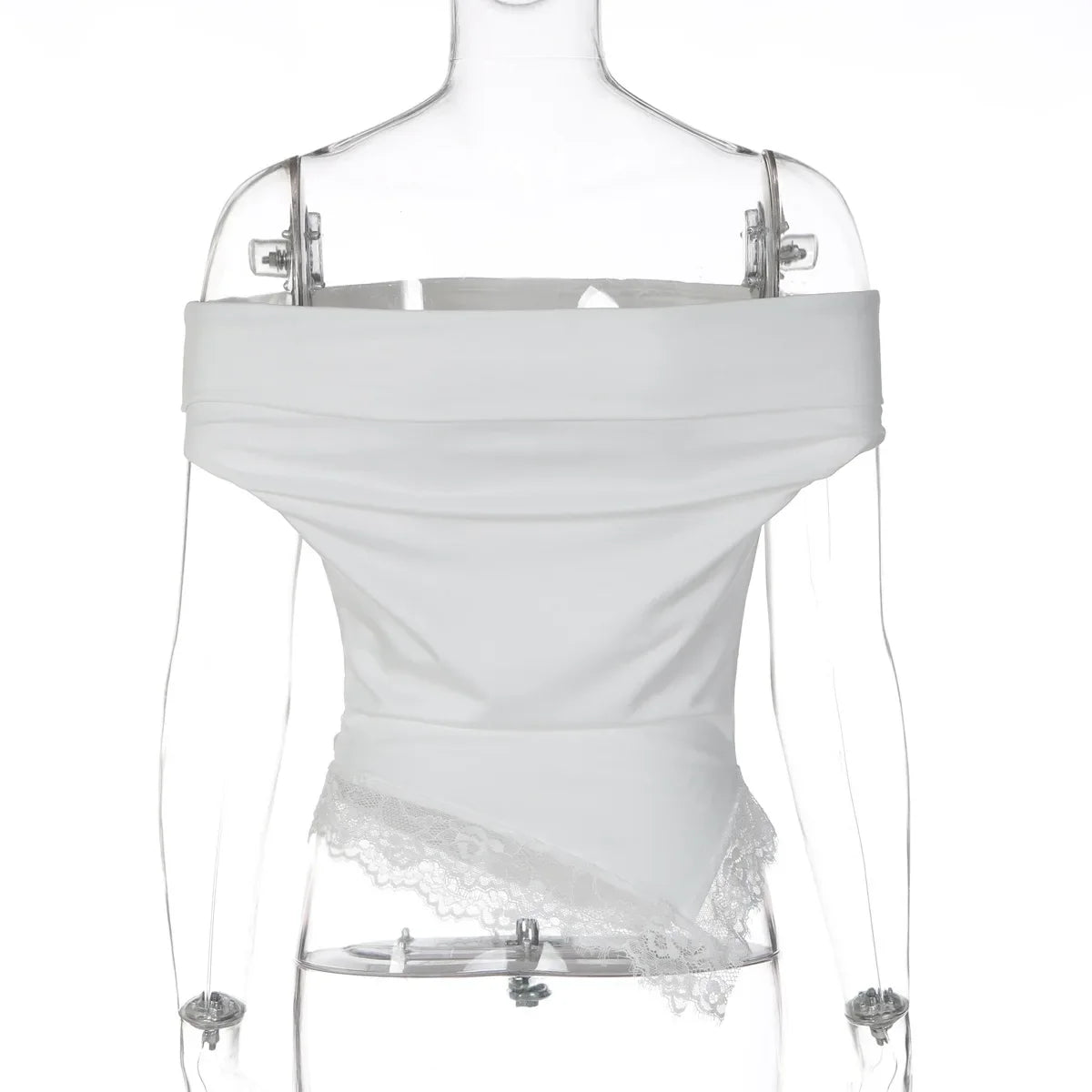 FDYOUI Woman Clothing Slash Neck T-shirts 2026 Summer Sleeveless Lace Patchwork White T Shirt Y2K Girls Irregular Corset Tee Top
