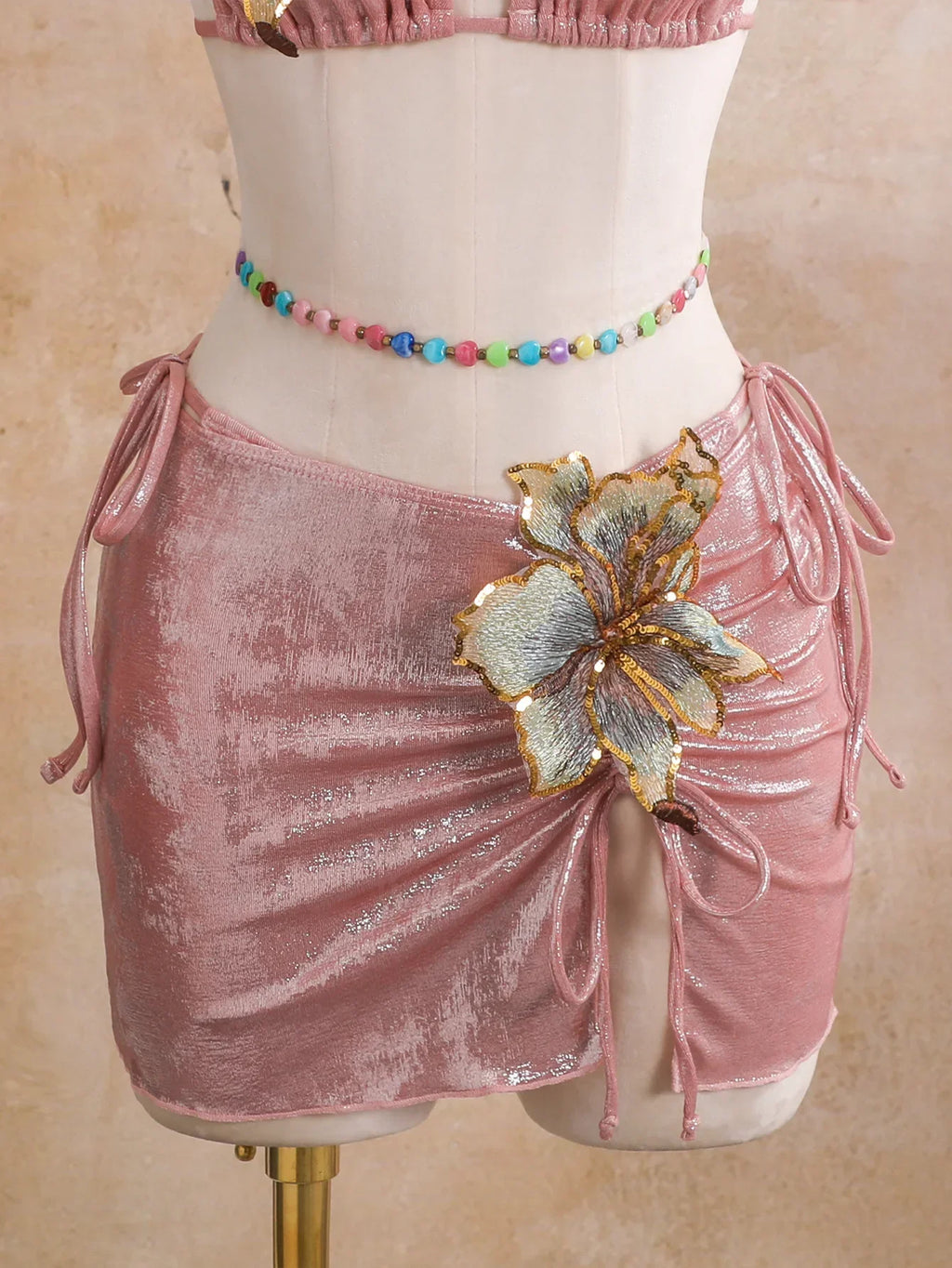 Sexy Beige 3D Flowers Embroidered Bikini Set 2026 Women Drawstring Cover Up 3 Piece Swimsuit Beach Bathing Suit Holiday Swimwear