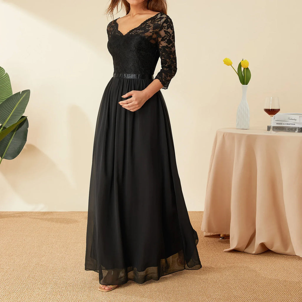 Elegant Lace Chiffon A-Line Long Dresses Women Wedding Dress Bridesmaid Dresses V-neck Mid-Sleeve Backless Zipper Female Dress