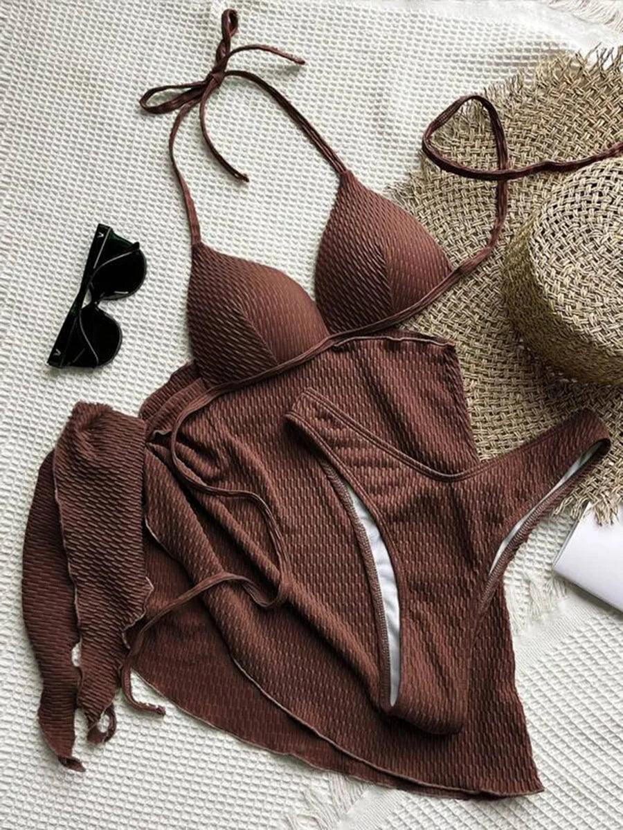 With Beach Sarong Bra Cup Wrinkled Bikini Female Swimsuit Women Swimwear Three-pieces Bikini Set Push Up Bathing Suit Swim Lady