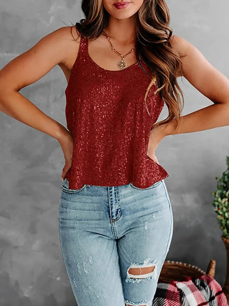 2026 Summer Fashion Women's Tanks Sexy Sequins Camisole Lady Casual Sliver Women's Strap Top Night club Streetwear Y2K Dress up