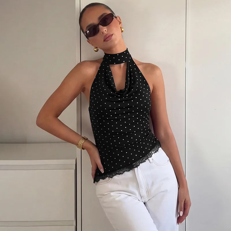 FDYOUI Women's Chic Polka Dot Tanks Top 2026 Summer Off Shoulder Lace Patchwork Corset Bandage Backless Crop Tops Streetwear