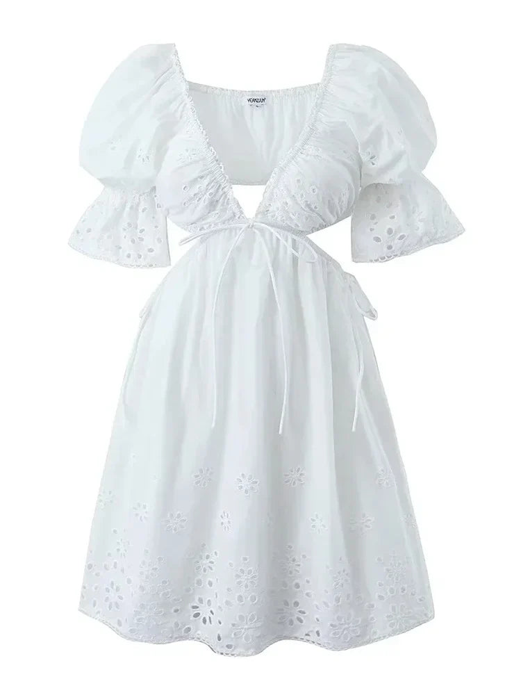 Foridol Lace Summer White Dress Women Puff Sleeve Embriodery Waist Cut Out Beach Short Sexy Cotton Dress Backless 2025 Sundress