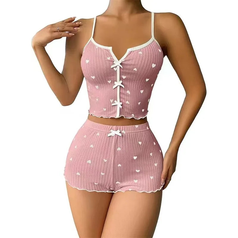 Sleepwear Women Pajamas Set Heart Print Soft Ribbed Fabric with Flirty Frill Trim Casual Top and Shorts Sets Loungewear New