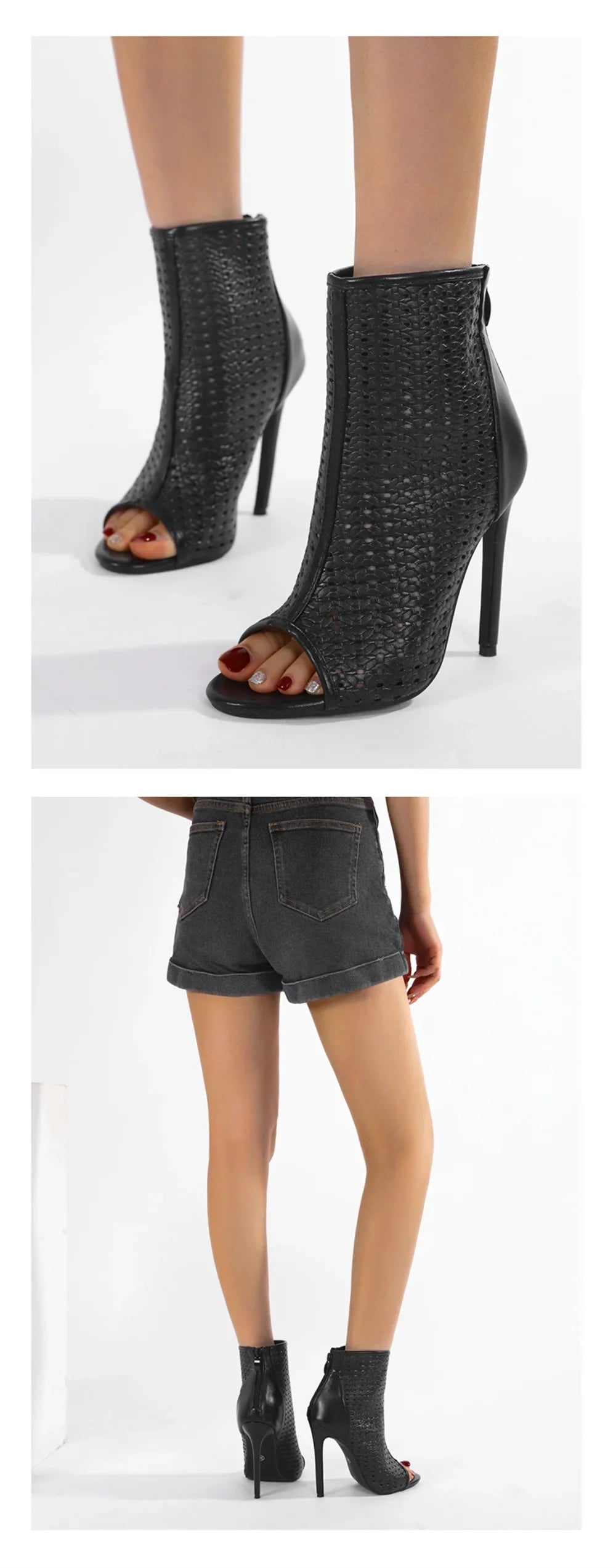 Big Size 42 Sexy Black Hollow Out Summer Boots Women Chic Peep Toe Thin High Heels Zip-up Ankle Boots Party Shoes