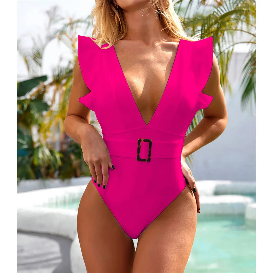 New Sexy Ruffled White Deep V One Piece Swimsuit Women Swimwear Female With Belt Monokini Bather Bathing Suit Swim Lady V2198