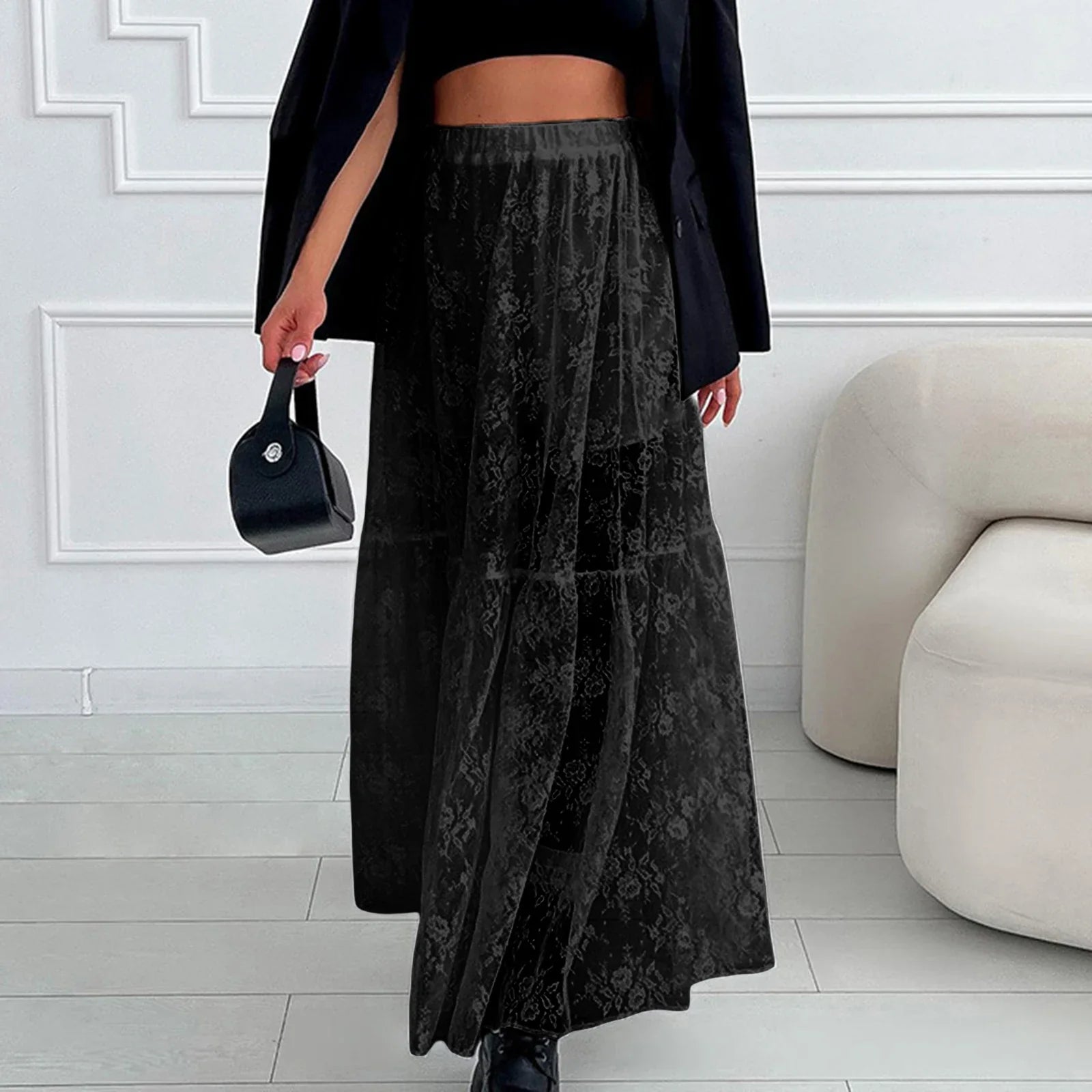 Women See-Through Lace A-Line Skirts Casual Summer Solid Color Elastic Waist Long Skirt for Beach Vacation Club