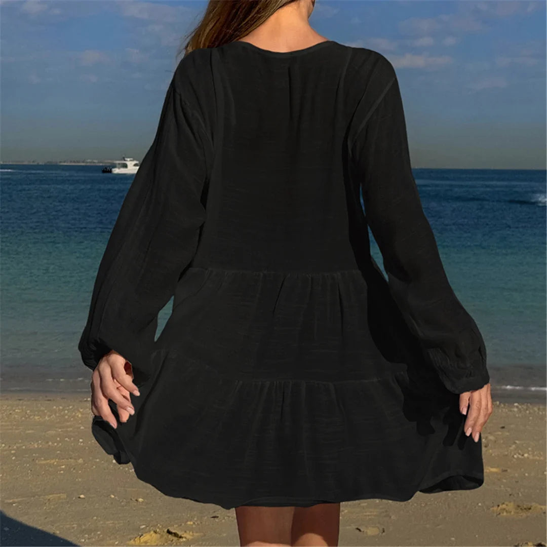 2025 Long Sleeve Hollow Out Crochet Knitted Tunic Beach Cover Up Cover-ups Beach Dress Beach Wear Beachwear Female Women K6674