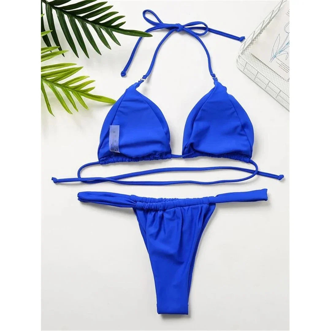 Wrinkled High Cut Mini Micro Thong Bikini Women Swimwear Female Swimsuit Two-pieces Bikini Set Halter Bather Bathing Suit Swim