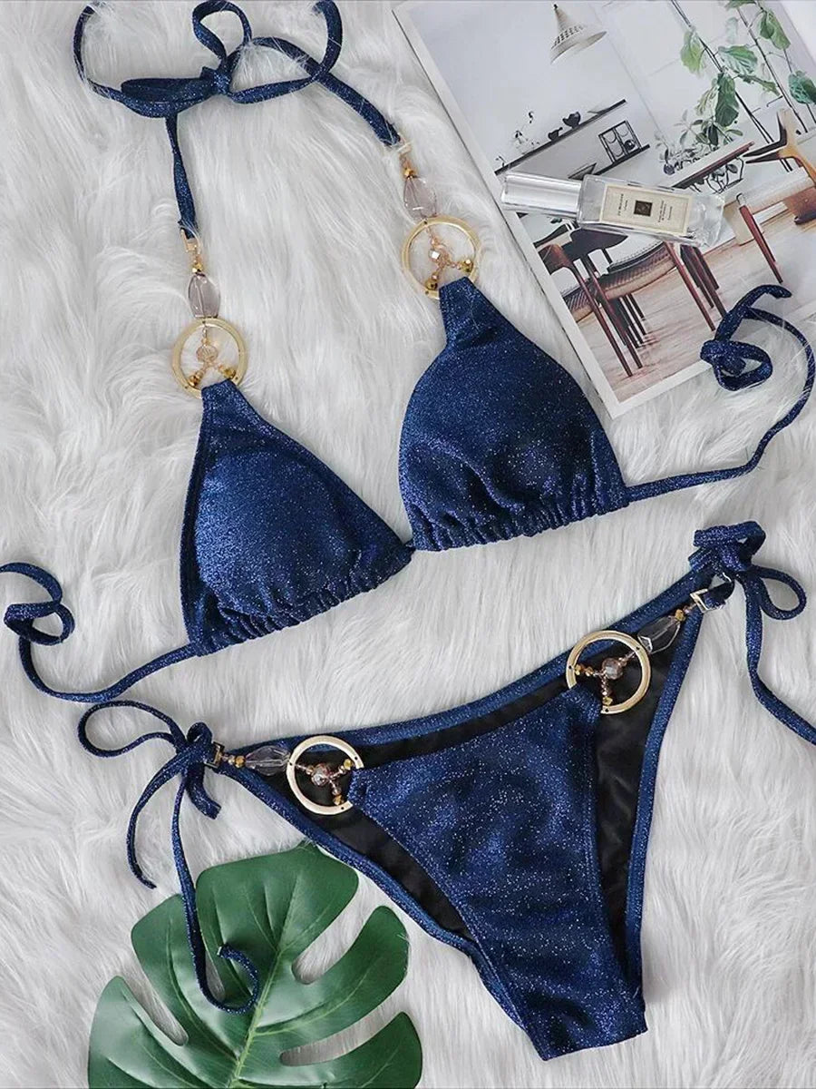 2025 Halter Sparkling Brazilian Diamond Bikini Women Swimsuit Female Swimwear Two Pieces Bikini Set PU Leather Bathing Suit Swim