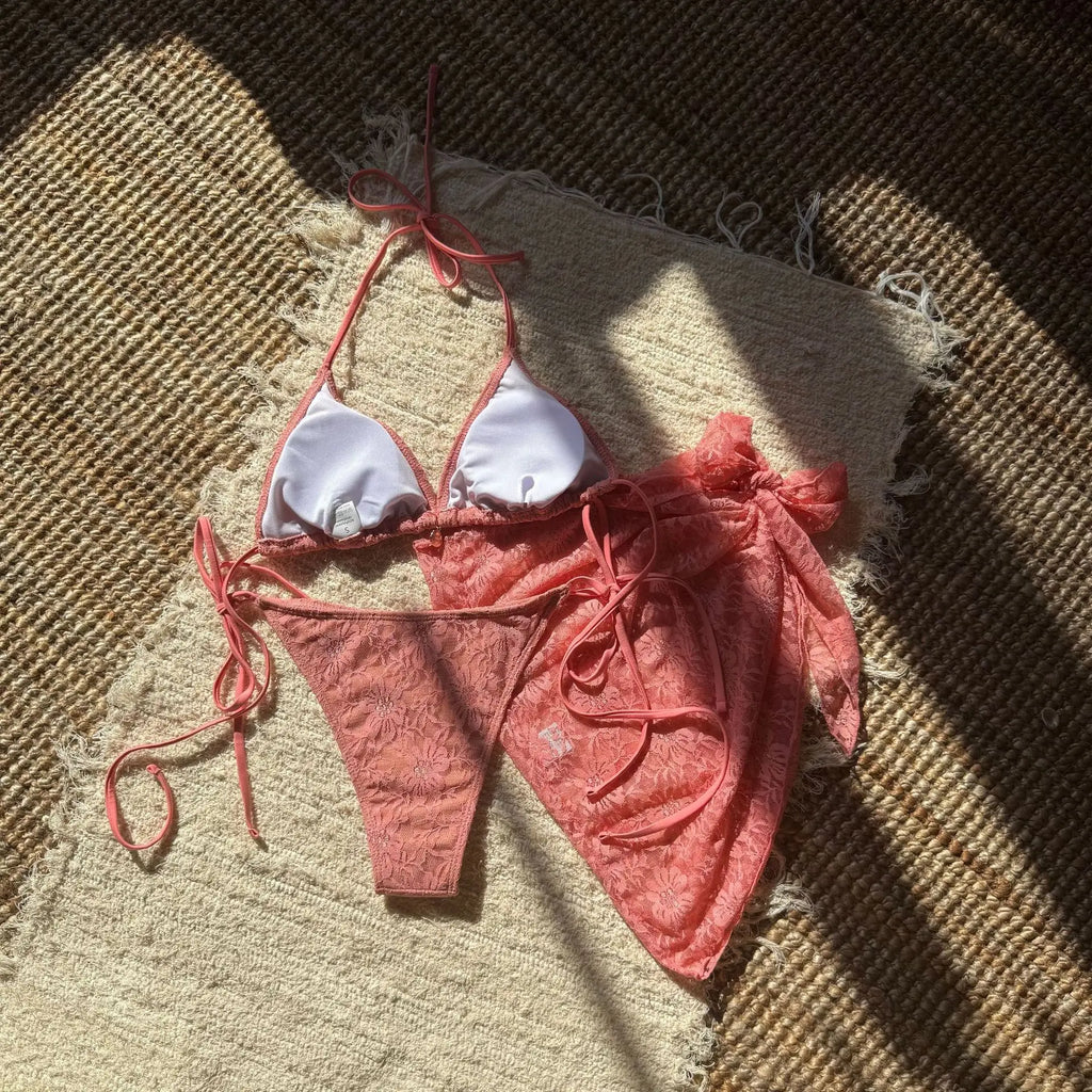 with Mesh Sarong Lace Halter High Cut Bikini Female Swimsuit Women Swimwear Three-pieces Bikini Set Bathing Suit Swim Beachwear
