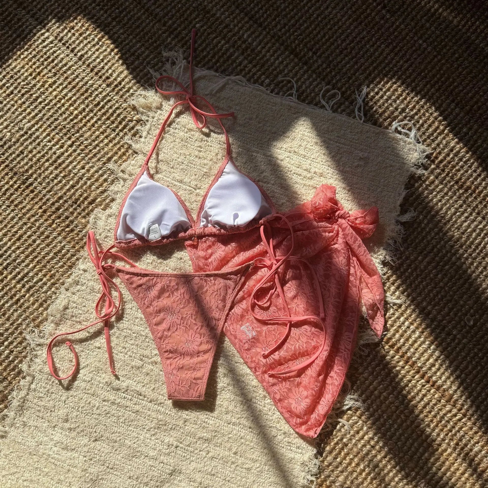 with Mesh Sarong Lace Halter High Cut Bikini Female Swimsuit Women Swimwear Three-pieces Bikini Set Bathing Suit Swim Beachwear