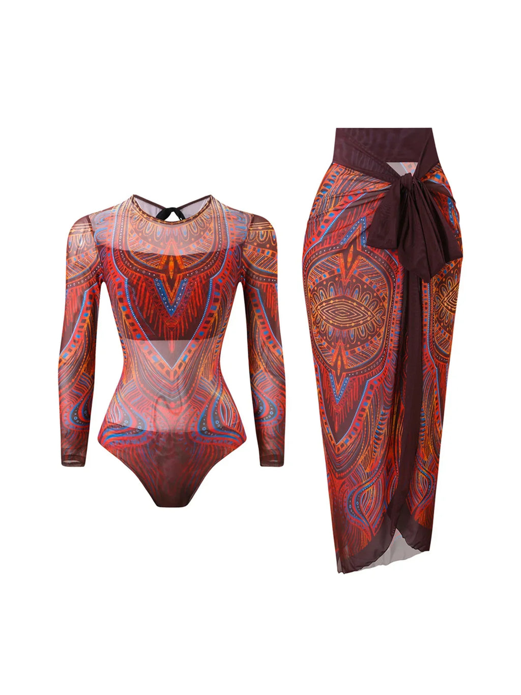 S - XXL Printed Long Sleeve With Sarong One Piece Swimsuit Women Swimwear Female Flowers Padded Bather Bathing Suit Swim K7181