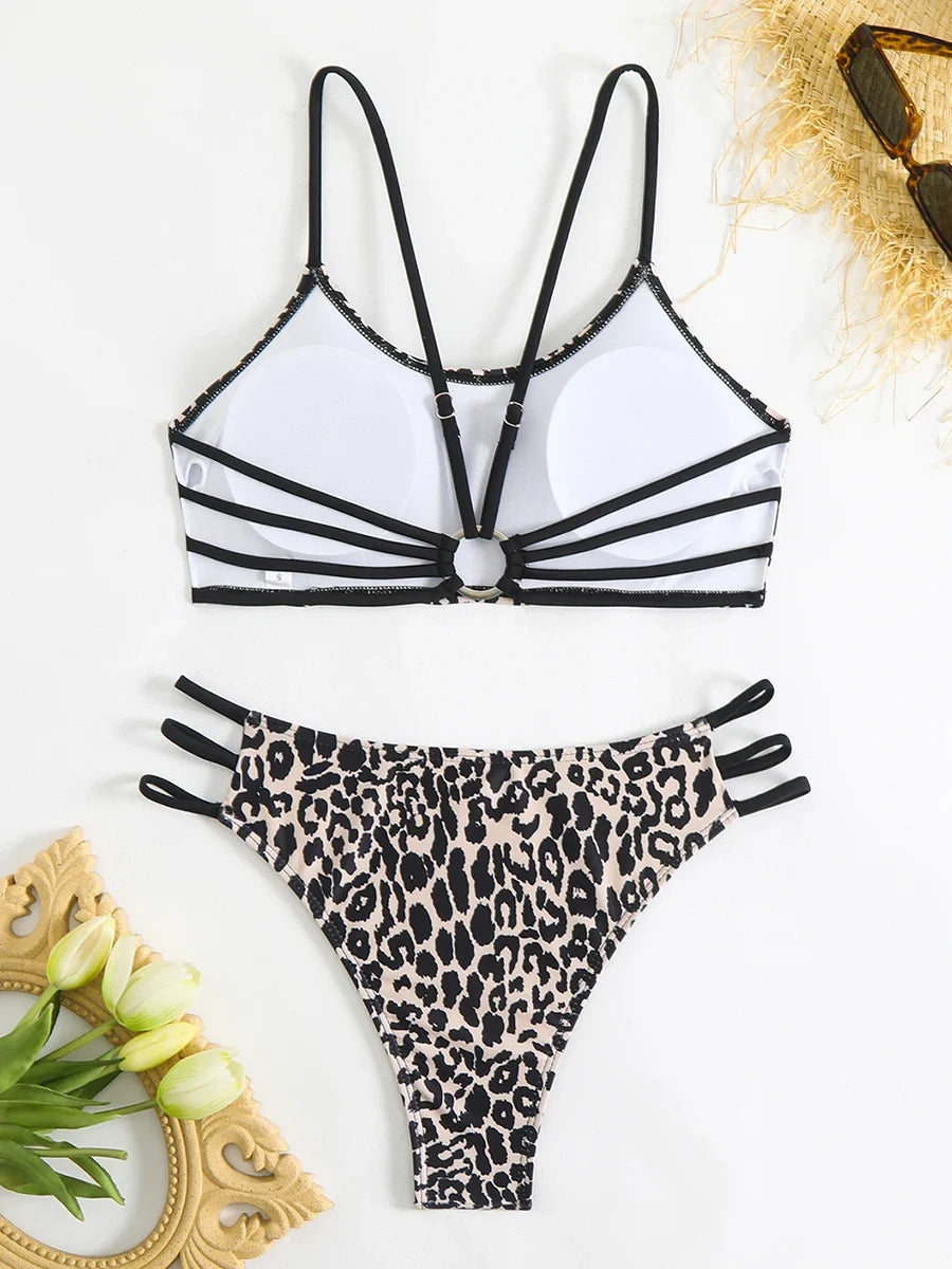 2025 Strappy Bikini Set Sexy Swimsuit Women Leopard Padded Swimwear Female Bathers Bathing Swimming Swim Suit Beachwear