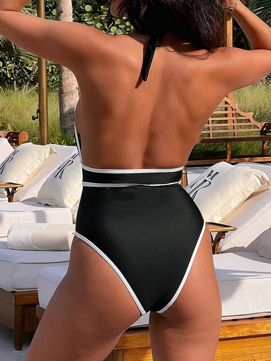 Tiger Printed Halter Deep V Neck One Piece Swimsuit Women Swimwear Female Backless Monokini High Cut Bathing Suit Swim Bodysuit